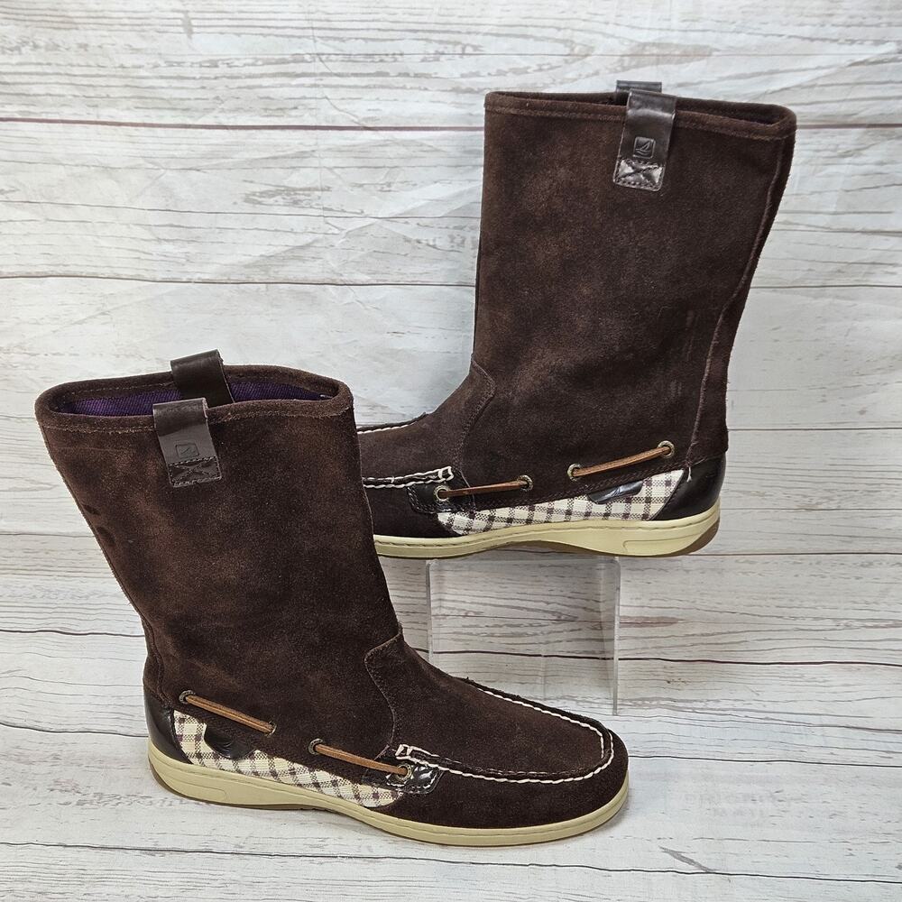 SPERRY Top Sider Boots SANDFISH Mid Calf Pull On Suede Moc Toe Size 8M Brown